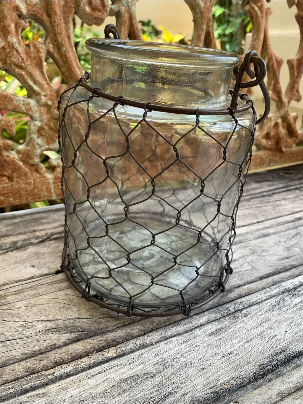 Clear Glass Lantern with Coppery Chicken Wire Cage with Handle